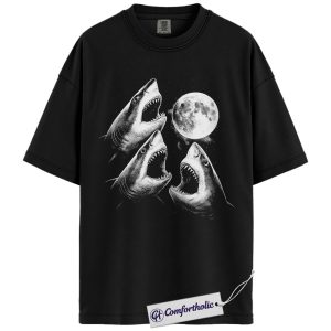 Three Shark Moon Shirt, Funny Sharks Howling at the Moon T-Shirt, Vintage Ocean Wildlife Graphic Tee, Gift for Shark and Marine Animal Lovers, Comfort Colors Shirt
