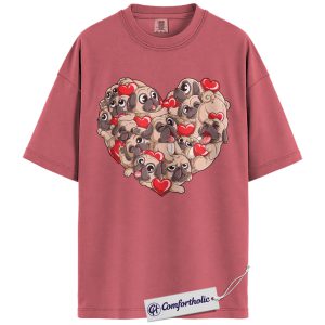 Valentine Pug Shirt, Cute Dog Lover Heart Graphic Tee, Cartoon Pug Mom T-Shirt, Sweet Puppy Love Gift for Dog Owners, Comfort Colors Shirt