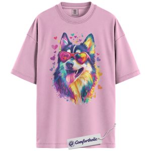 Valentine Husky Shirt, Colorful Dog Lover Graphic Tee, Vibrant Watercolor Husky Art T-Shirt, Cute Puppy Love Gift for Pet Owners & Dog Moms, Comfort Colors Shirt