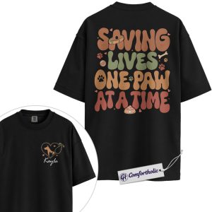 Saving Lives One Paw at a Time Shirt, Personalized Vet Tech Veterinary T-Shirt, Dog Paw Print Animal Rescue Graphic Tee, Custom Name Gift for Veterinarians, Comfort Colors Shirt 2-Sided