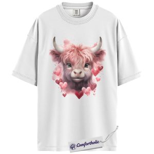 Alternative view of Highland Cow Valentine Shirt, Cute Pink Cow Graphic Tee, Farm Animal T-Shirt, Sweet Valentine Gift for Cow Lovers, Comfort Colors Shirt