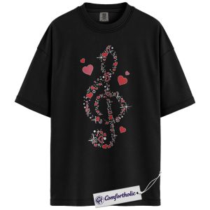 Valentine Treble Clef Shirt, Heart Music Note Graphic Tee, Choir Band Music Teacher T-Shirt, Valentine’s Day Gift for Musicians & Music Lovers, Comfort Colors Shirt