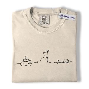 Cat Book Lover Shirt, Minimalist Line Art Graphic Tee, Bookworm Coffee Lover T-Shirt, Gift for Cat Moms & Readers, Comfort Colors Shirt