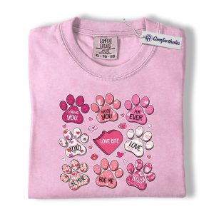 Valentine Dog Paw Print Shirt, Cute Puppy Love Graphic Tee, Dog Mom Pet Lover T-Shirt, Valentine's Day Gift for Dog Lovers, Comfort Colors Shirt