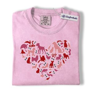 Animal Lover Heart Shirt, Pink Paw Print Collage Graphic Tee, Pet Rescue Supporter T-Shirt, Valentine’s Day Gift for Dog & Cat Moms, Comfort Colors Shirt