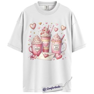 Alternative view of Valentine Coffee Shirt, Cute Pink Cocoa Graphic Tee, Hearts & Kisses Hot Chocolate T-Shirt, Valentine’s Day Gift for Women, Comfort Colors Shirt