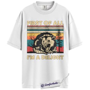 Alternative view of Funny Opossum Shirt, Vintage Sunset Graphic Tee, First Of All I’m A Delight T-Shirt, Gift for Animal Lovers, Comfort Colors Shirt