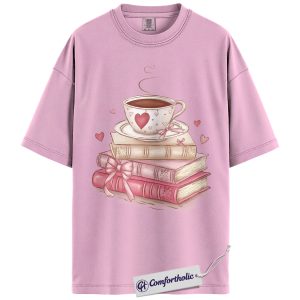 Coffee & Books Shirt, Coquette Pink Book Lover Graphic Tee, Romance Reader Valentine T-Shirt, Gift for Bookworms & Coffee Lovers, Comfort Colors Shirt