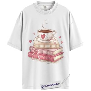 Alternative view of Coffee & Books Shirt, Coquette Pink Book Lover Graphic Tee, Romance Reader Valentine T-Shirt, Gift for Bookworms & Coffee Lovers, Comfort Colors Shirt