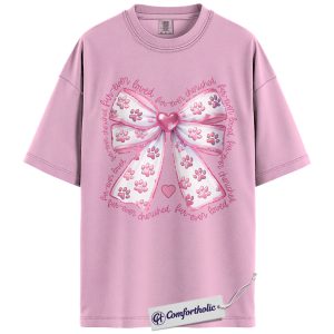 Paw Print Bow Shirt, Cute Valentine Pink Ribbon Graphic Tee, Dog Mom & Cat Lover T-Shirt, Valentine’s Day Gift for Pet Moms, Comfort Colors Shirt