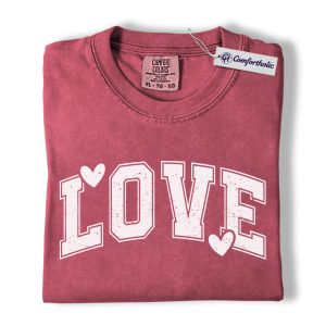 Valentine LOVE Shirt, Vintage Varsity Letter Graphic Tee, Cute Love Heart T-Shirt, Valentine’s Day Gift for Her, Comfort Colors Shirt