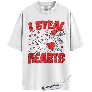 Alternative view of I Steal Hearts Dinosaur Shirt, Funny Valentine T-Rex Graphic Tee, Cute Dino Lover T-Shirt, Valentine’s Day Gift for Couples & Kids, Comfort Colors Shirt
