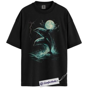 Dolphin Moon Shirt, Ocean Night Graphic Tee, Sea Life Lover T-Shirt, Gift for Beach Lovers & Dolphin Fans, Comfort Colors Shirt