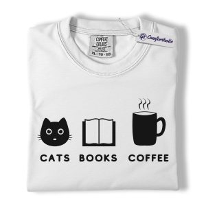 Alternative view of Cats Books Coffee Shirt, Minimalist Icon Graphic Tee, Book Lover Cat Mom T-Shirt, Gift for Cat Lovers & Coffee Addicts, Comfort Colors Shirt