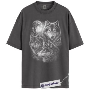 Alternative view of Wolf Pack Shirt, Vintage Three Wolves Graphic Tee, Moon & Wildlife Aesthetic T-Shirt, Nature Lover Gift for Animal Fans, Comfort Colors Shirt