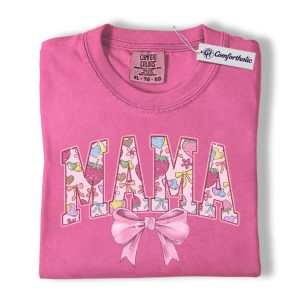 Valentine Mama Shirt, Cute Bow & Heart Pattern Graphic Tee, Girly Aesthetic Mom T-Shirt, Sweet Valentine Gift for Moms, Comfort Colors Shirt