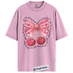Cherry Valentine Shirt, Cute Coquette Bow Graphic Tee, Sweet Pink Aesthetic T-Shirt, Heart Cherry Lover Top, Valentine’s Day Gift for Her, Comfort Colors Shirt