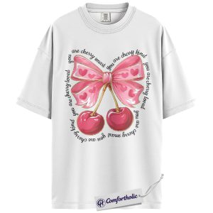 Alternative view of Cherry Valentine Shirt, Cute Coquette Bow Graphic Tee, Sweet Pink Aesthetic T-Shirt, Heart Cherry Lover Top, Valentine’s Day Gift for Her, Comfort Colors Shirt