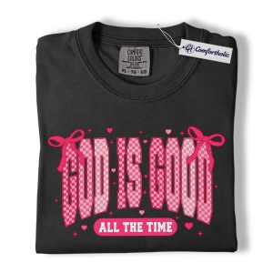 God Is Good Shirt, Faith-Based Christian Graphic Tee, Pink Bow Aesthetic Bible Verse T-Shirt, Inspirational Valentine Gift for Christian Women, Comfort Colors Shirt