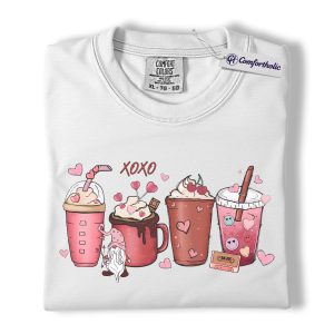 Alternative view of Valentine Coffee Drinks Shirt, Cute XOXO Latte Lover Graphic Tee, Aesthetic Pink Beverage T-Shirt, Sweet Valentine Gift for Coffee Lovers, Comfort Colors Shirt