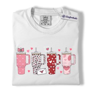 Alternative view of Valentine Tumbler Lover Shirt, Cute Pink Heart Stanley Cup Graphic Tee, Aesthetic Drink Print T-Shirt, Sweet Valentine Gift for Women, Comfort Colors Shirt