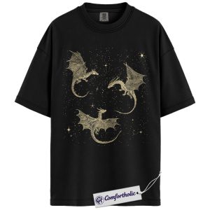 Celestial Dragon Shirt, Fantasy Gold Line Art Graphic Tee, Mythical Dragon Aesthetic T-Shirt, Gift for Fantasy Lovers & Bookish Readers, Comfort Colors Shirt