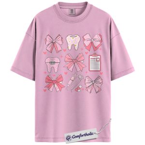 Dental Valentine Shirt, Cute Pink Bows Tooth Graphic Tee, Dental Hygienist & Assistant T-Shirt, Valentine's Day Gift for Dental Staff, Comfort Colors Shirt