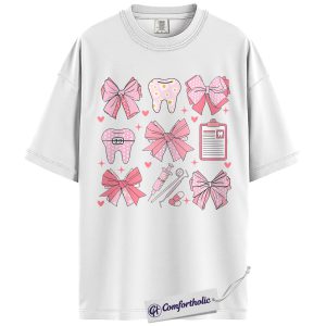 Alternative view of Dental Valentine Shirt, Cute Pink Bows Tooth Graphic Tee, Dental Hygienist & Assistant T-Shirt, Valentine's Day Gift for Dental Staff, Comfort Colors Shirt