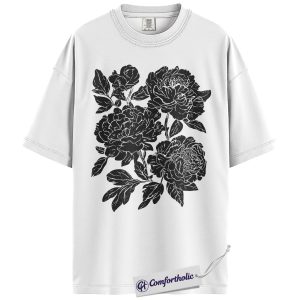 Alternative view of Peony Flower Shirt, Linocut Floral Graphic Tee, Peonies & Ranunculus T-Shirt, Gift for Flower Lovers & Gardeners, Comfort Colors Shirt