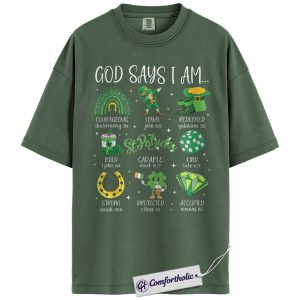 God Says I Am Shirt, St Patricks Day Christian Graphic Tee, Bible Verse Faith T-Shirt, Gift for Church Women & Christian Moms, Comfort Colors Shirt