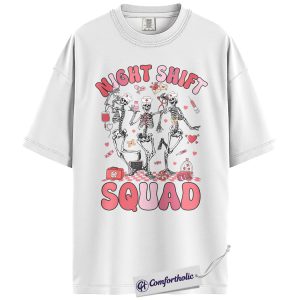 Alternative view of Night Shift Squad Nurse Valentine Shirt, Funny Skeleton Nurse Graphic Tee, Night Shift RN LPN CNA T-Shirt, Valentine's Day Gift for Nurses & Healthcare Workers, Comfort Colors Shirt