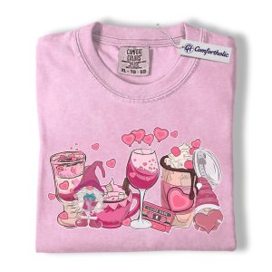 Valentine Gnome Shirt, Cute Pink Gnome Drink Graphic Tee, Wine Lover Valentine T-Shirt, Valentine’s Day Gift for Women, Comfort Colors Shirt