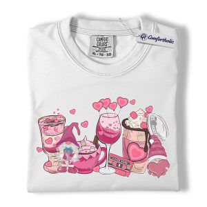 Alternative view of Valentine Gnome Shirt, Cute Pink Gnome Drink Graphic Tee, Wine Lover Valentine T-Shirt, Valentine’s Day Gift for Women, Comfort Colors Shirt