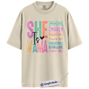 She Is Mama Shirt, Colorful Christian Mom Graphic Tee, Bible Verse Faith T-Shirt, Mother’s Day Gift for Moms, Comfort Colors Shirt