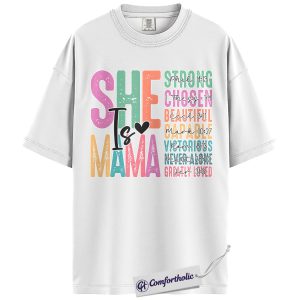 Alternative view of She Is Mama Shirt, Colorful Christian Mom Graphic Tee, Bible Verse Faith T-Shirt, Mother’s Day Gift for Moms, Comfort Colors Shirt