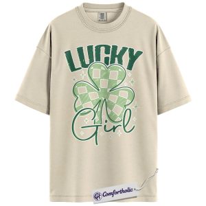 Lucky Girl St Patrick’s Day Shirt, Cute Shamrock Graphic Tee, Irish Clover Lucky T-Shirt, St Patrick’s Day Gift for Women, Comfort Colors Shirt