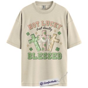 Not Lucky Just Really Blessed Shirt, Christian St Patrick’s Day Graphic Tee, Shamrock Cross Faith T-Shirt, St Patrick’s Day Gift for Women, Comfort Colors Shirt