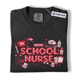 Valentine School Nurse Shirt, Cute Pink Medical Icons Graphic Tee, Nurse Life Heart Aesthetic T-Shirt, Valentine’s Day Gift for Nurses, Comfort Colors Shirt
