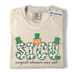 SICU Nurse Shirt, St Patrick’s Day Shamrock Graphic Tee, Surgical ICU Nurse T-Shirt, Funny Gift for ICU Nurses, Comfort Colors Shirt