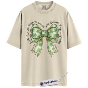 Christian Shamrock Bow Shirt, St Patrick’s Day Faith Graphic Tee, Matthew 19:26 Bible Verse T-Shirt, Irish Christian Gift for Women, Comfort Colors Shirt