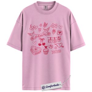 Valentine Doodle Shirt, Pink Love Icons Graphic Tee, XOXO Heart Collage T-Shirt, Cute Valentine Gift for Her, Comfort Colors Shirt