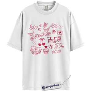Alternative view of Valentine Doodle Shirt, Pink Love Icons Graphic Tee, XOXO Heart Collage T-Shirt, Cute Valentine Gift for Her, Comfort Colors Shirt