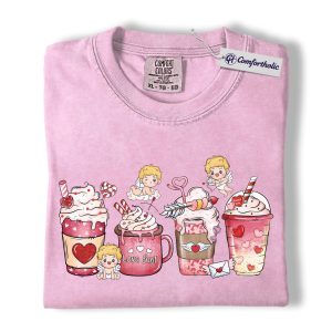 Valentine Coffee Shirt, Cute Cupid Heart Drinks Graphic Tee, Coffee Lover T-Shirt, Funny Valentine Gift for Her, Comfort Colors Shirt