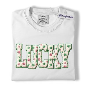 Alternative view of St Patrick's Day Lucky Shirt, Lucky Shamrock Varsity Letter Graphic Tee, Irish Clover T-Shirt for Women, Cute Green Outfit Gift, Comfort Colors Shirt