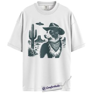 Alternative view of Border Collie Shirt, Cowboy Dog UFO Desert Graphic Tee, Western Dog Lover T-Shirt, Funny Alien Gift for Border Collie Lovers, Comfort Colors Shirt