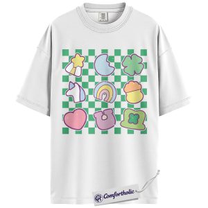 Alternative view of St Patricks Day Shirt, Retro Lucky Symbols Checkerboard Graphic Tee, Cute Irish Clover Rainbow Horseshoe T-Shirt for Women, St Patrick’s Day Parade Party Gift, Comfort Colors Shirt