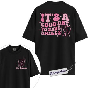 Personalized Dentist Shirt, Retro Save Smiles Tooth Graphic Tee, Custom Name Dental Doctor T-Shirt, Gift for Dentists & Dental Hygienists, Comfort Colors Shirt 2-Sided