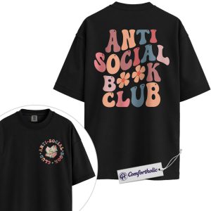 Anti Social Book Club Shirt, Retro Groovy Book Stack Graphic Tee, Introvert Reader T-Shirt, Gift for Book Lovers, Comfort Colors Shirt 2-Sided