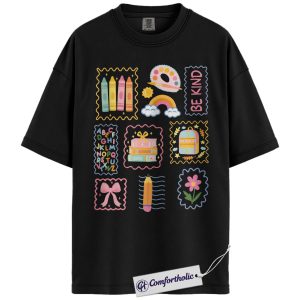 Be Kind Teacher Shirt, Colorful School Supplies Stamp Graphic Tee, Elementary Teacher T-Shirt for Women, Back to School Gift, Comfort Colors Shirt