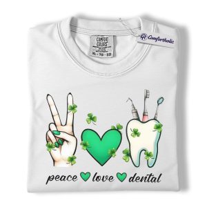 Alternative view of Dental Team Shirt, Peace Love Dental Shamrock Graphic Tee, St. Patrick’s Day T-Shirt for Dentist, Hygienist & Dental Assistant, Funny Clinic Gift, Comfort Colors Shirt